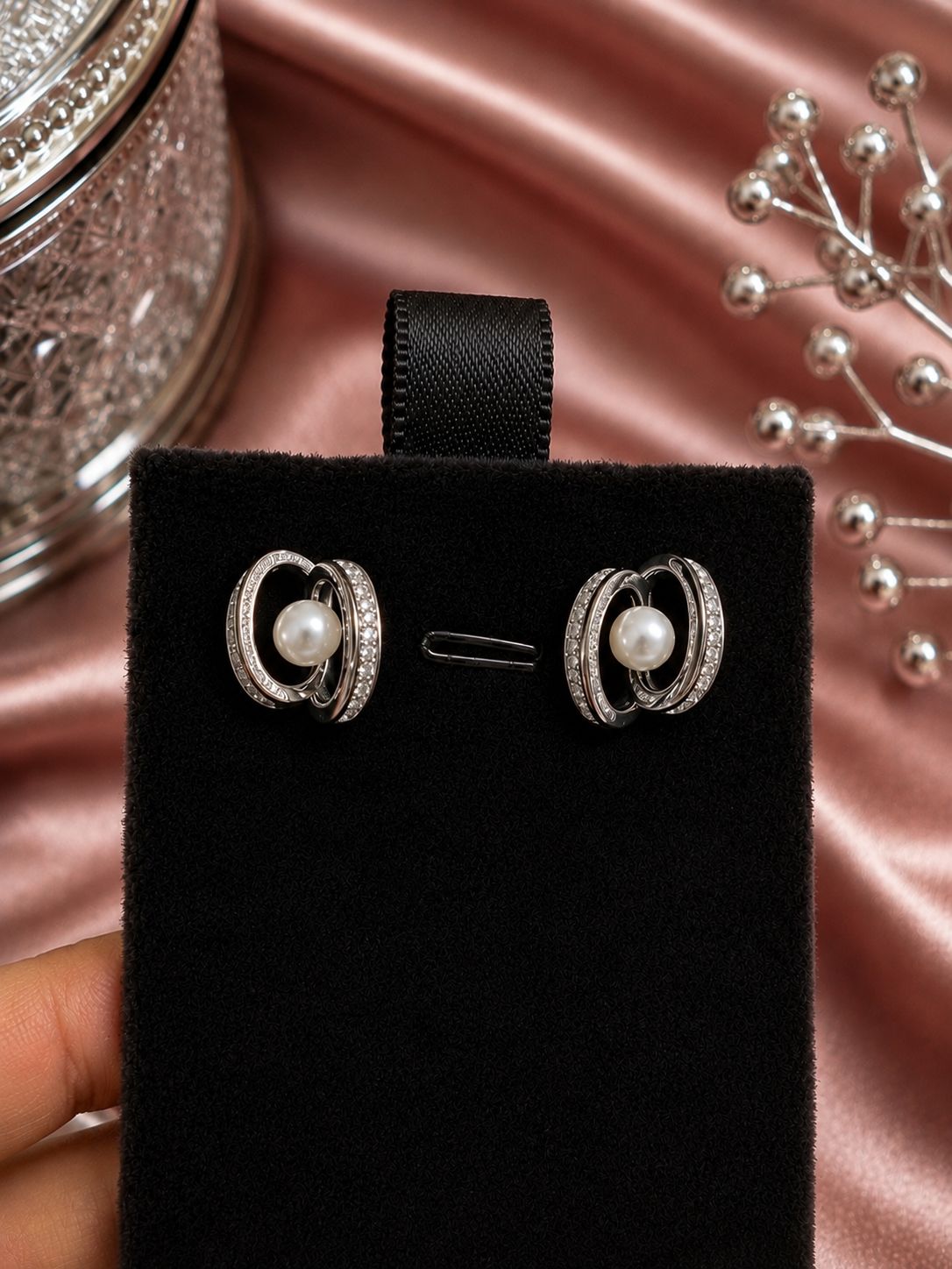 Lumière Pearl Studs, Silver, view 1